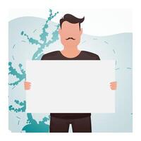 A guy of strong physique stands waist-deep and holds an empty sign in his hands. Place for your advertisement. Cartoon style. vector