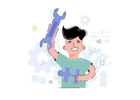 el chico sostiene un mano llave en su manos. elemento para el diseño de presentaciones, aplicaciones y sitios web tendencia ilustración. vector