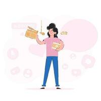 Girl blogger holds a movie clapperboard in her hands. Online blogging concept. Trendy vector. vector