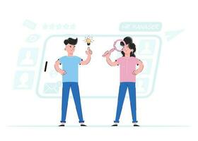 hombre y mujer humano recurso trabajadores el concepto de hallazgo personas a trabajar. tendencia vector ilustración.