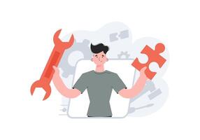 A man stands waist-deep holding a wrench and a puzzle. Tech support. Element for presentations, sites. vector