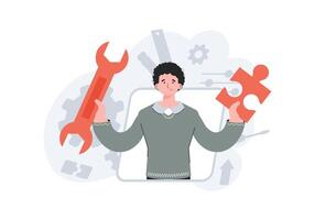 A man stands waist-deep with a puzzle in his hands. Tech support. Element for presentations, sites. vector