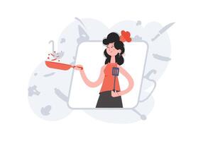 A woman stands waist-deep and holds a frying pan and a spatula. Cafe. Element for presentations, sites. vector