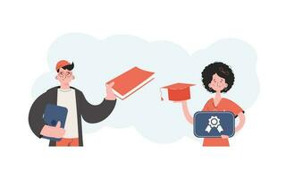 A man and a woman stand with a belt and hold a graduation hat. Education. Element for presentations, sites. vector