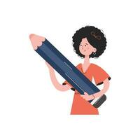A stylish girl stands waist-deep and holds a large pencil. Isolated. Element for presentations, sites. vector