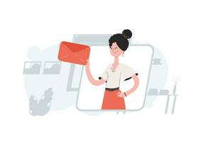 A woman stands waist-deep and holds an envelope in her hands. Communications. Element for presentations, sites. vector