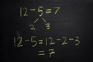 Close up math formulas written on a blackboard. Education concept photo