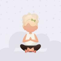 pequeño niña se sienta en el loto posición. para niños meditación. dibujos animados estilo. vector