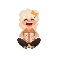 A happy girl sits in a lotus position with a gift in her hands. Isolated. Vector illustration.