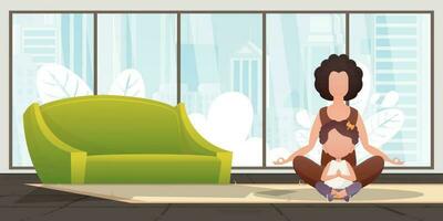 Mom and daughter meditate together in the lotus position. Design in cartoon style. Vector. vector