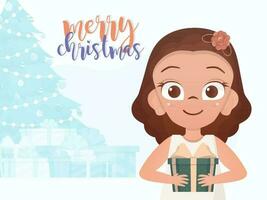 A cute little girl is holding a gift box in her hands. New Year banner. Cartoon style. vector