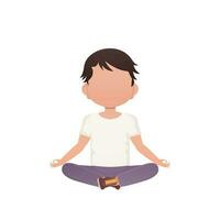 Little boy is sitting in the lotus position. Isolated. Cartoon style. vector