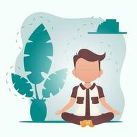 A cute preschool boy is meditating in the room. Sports and recreation concept. Vector illustration in cartoon style.