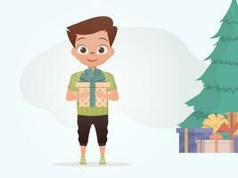 A little boy is holding a beautiful box in his hands. New Year. Cartoon style. vector