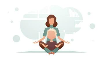 Mom and son are sitting in the room doing yoga in the lotus position. Meditation. Cartoon style. vector