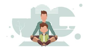 A strong man and an adorable kid are sitting and doing yoga in the room. Meditation. Cartoon style. vector