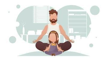 Father and daughter sit in the lotus position. Yoga. Cartoon style. vector