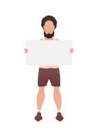 A guy of strong physique in full growth and holds an empty sign in his hands. Isolated. Cartoon style. vector