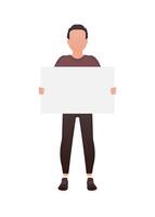 A man holds an empty tablet in his hands. Isolated. Cartoon style. vector