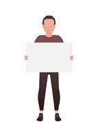 A man holds an empty tablet in his hands. Isolated. Cartoon style. vector