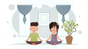 A boy and a girl are doing meditation in the lotus position in the room. Meditation. Cartoon style. vector