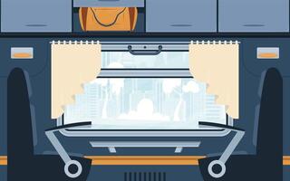 Empty suburban train with seats and a large window. Railway transport. Cartoon style. Flat style. vector