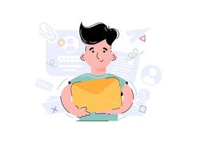 The boy holds in his hands a magnifying letter, an envelope. Element for the design of presentations, applications and websites. Trend illustration. vector