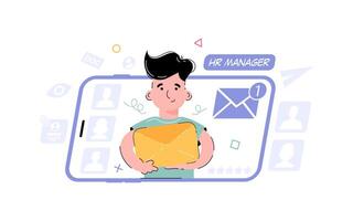 Hr, recruiting theme. The boy received a text message, holding an envelope, a letter. Element for the design of presentations, applications and websites. trend illustration. vector