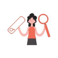 A woman is waist-deep holding a web search bar and a magnifying glass. Isolated. Element for presentations, sites. vector