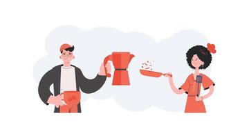 A man and a woman stand with a belt and hold a spatula and coffee bars. Coffee shop. Element for presentations, sites. vector