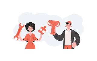 A man and a woman stand with a belt and hold a puzzle and a goblet. Tech support. Element for presentations, sites. vector