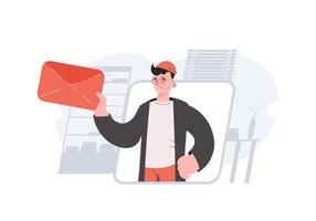 A man stands waist-deep and holds a letter. Communications. Element for presentations, sites. vector