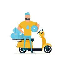The courier is holding a bottle of water. The concept of home delivery of drinking water. Cartoon style. Vector illustration.