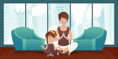 Mom and little daughter do yoga together. Design in cartoon style. Vector illustration.