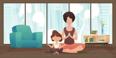 Mom and little daughter do yoga together. Design in cartoon style. Vector. vector