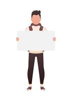 A man holds an empty space for advertising in his hands. Isolated. Cartoon style. vector