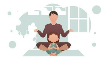 Dad and little daughter are sitting in the lotus position. Meditation. Cartoon style. vector