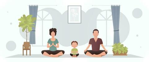 un hombre y un mujer con un pequeño chico son sentado en un loto posición en un habitación. meditación. dibujos animados estilo. vector