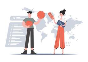 A man and a woman are standing in full growth holding a piggy bank with a coin and a passport with a boarding pass in their hands. Travels. Element for presentations, sites. vector