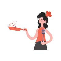 A woman stands waist-deep and holds a frying pan and a spatula. Isolated. Element for presentations, sites. vector