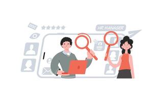 A man and a woman stand with a belt and hold a computer. Search Element for presentations, sites. vector