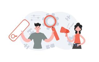 A man and a woman stand with a belt and hold a web search bar. Human resource. Element for presentations, sites. vector