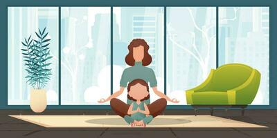 Mom and little daughter are meditating together. Cartoon style. Vector illustration.