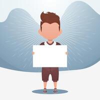 A cute little boy with a blank banner. Place for your text. illustration in cartoon style. vector