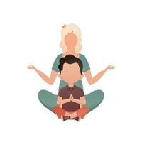 A woman and a little boy sit in the lotus position. Isolated. Cartoon style. vector