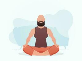 un hombre se sienta y medita yoga. dibujos animados estilo. vector