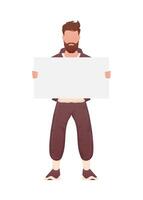 A man of athletic build stands in full growth and holds an empty sign in his hands. Isolated. Cartoon style. vector