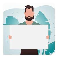 A man stands waist-deep and holds an empty sign in his hands. Place for your advertisement. Cartoon style. vector