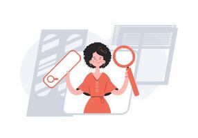 A woman stands waist-deep with a web search bar. Search. Element for presentations, sites. vector