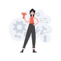 A woman stands in full growth with a raised goblet. Victory. Element for presentations, sites. vector